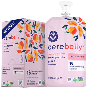 Cerebelly Baby Food Pouches Stage 1 – Sweet Potato Peach Smoothie (4 oz, Pack of 12) - Healthy Kids Snacks - Organic Fruit & Veggie Purees, Great Toddler Snacks