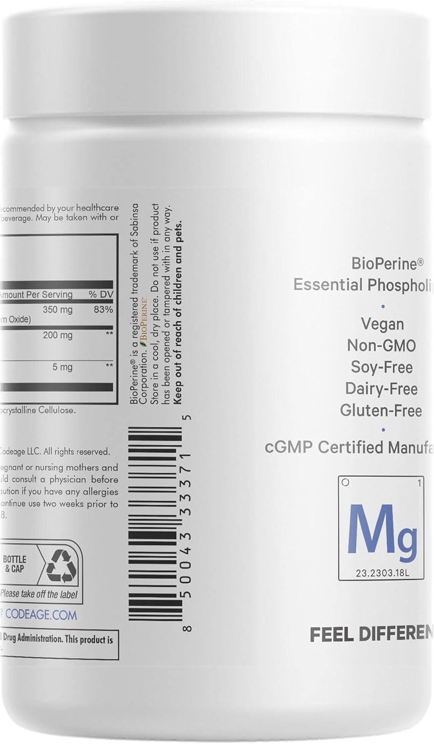 Codeage High Absorption Liposomal Magnesium Glycinate Pills - Magnesium Bisglycinate Supplement - Vegan Capsules with BioPerine for Bioavailability, Bisglycinate Mineral Supplement - 120 Ct : Health & Household