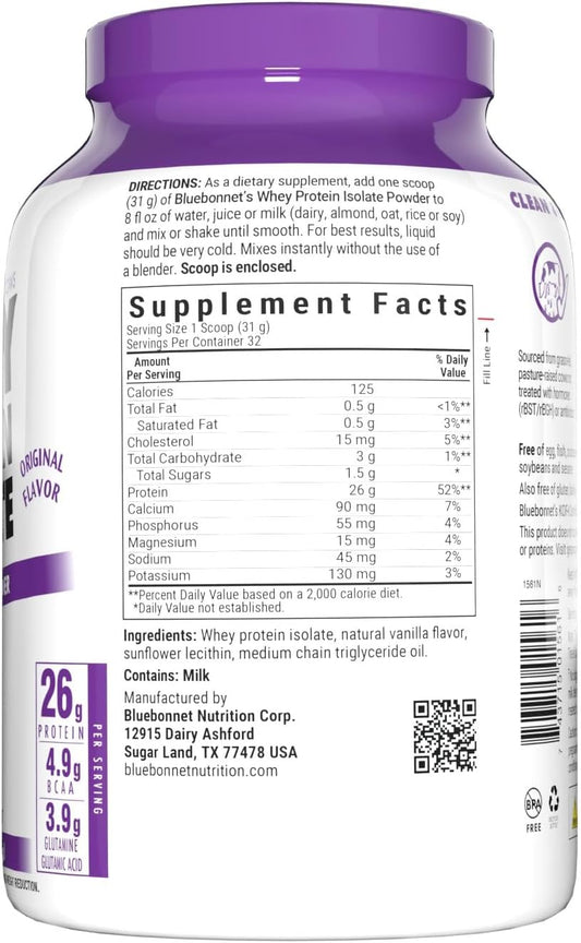 Bluebonnet Nutrition Whey Protein Isolate Powder, Whey From Grass Fed Cows, 26 Grams Of Protein, No Sugar Added, Gluten Free, Soy Free, Kosher Dairy, 2.2 Lbs, 32 Servings, Original Unflavored