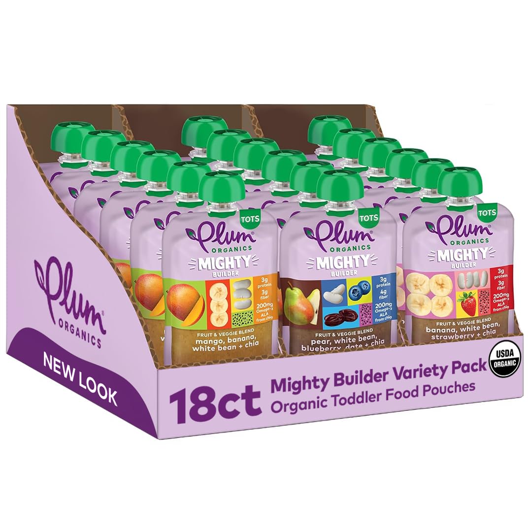 Plum Organics Mighty Builder Organic Toddler Food - Fruit And Veggie Blend Variety Pack - 4 Oz Pouch (Pack Of 18) - Organic Fruit And Vegetable Toddler Food Pouch