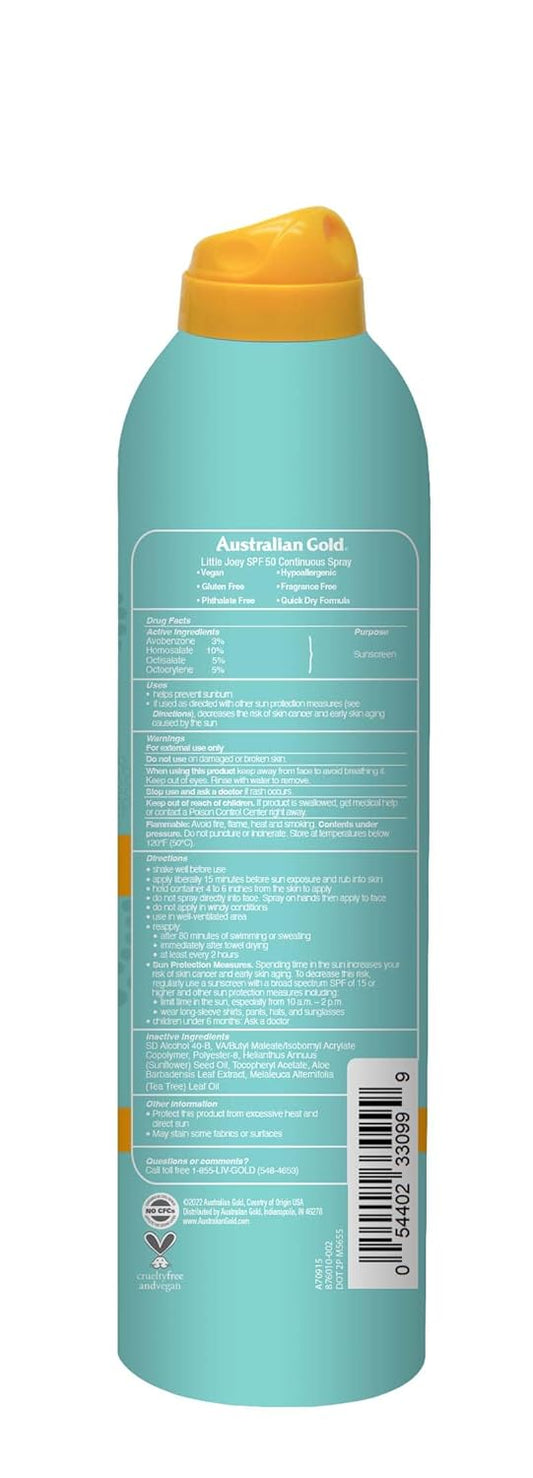 Australian Gold Australian Gold Little Joey Continuous Spray, Spf 50 Broad Spectrum Water Resistant For Up To 80 Minutes Pediatrician Tested Hypoallergenic Fragrance Free, 6 Ounce, A70915