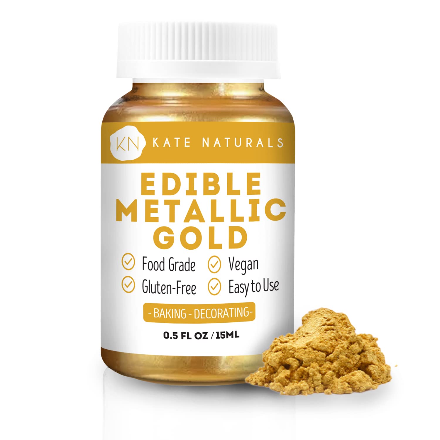 Kate Naturals Edible Metallic Gold Dust for Cake Decorating Edibles & Cookies. Vegan & Gluten-Free. Easy-to-Use Formula for Baking, Chocolate, Kids. (.5oz/14g)