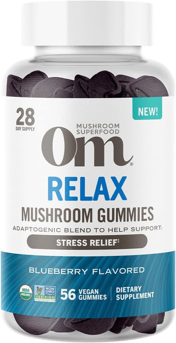 Om Mushroom Superfood - Relax Gummies - Stress Relief Support With Reishi & Ashwaganda Extract - Blueberry Gummy Supplements, 28 Servings