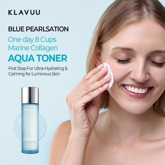 Blue Pearlsation One Day 8 Cups Marine Collagen Aqua Toner - Deeply Hydrating & Soothing For Skin Radiance, Non-Sticky Formula For All Day Comfort And Refreshment – 4.73 Floz