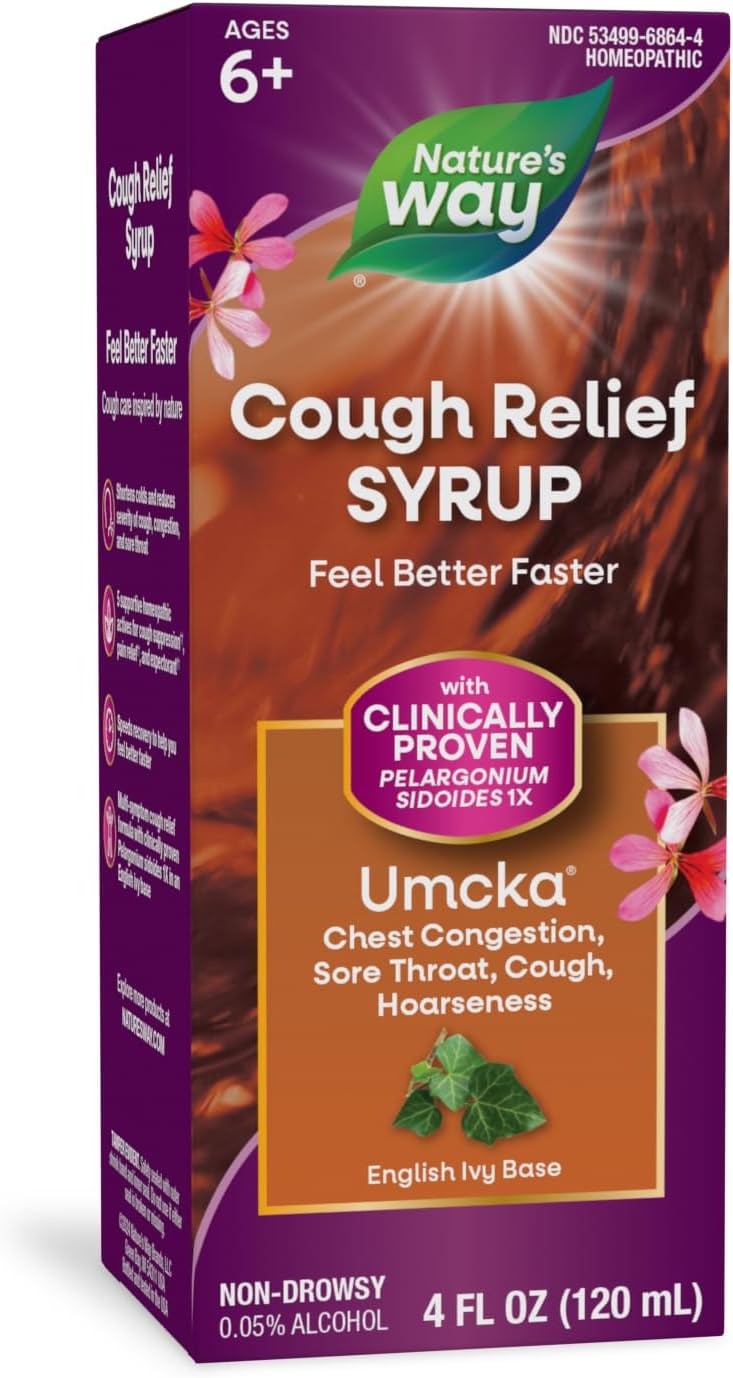 Nature'S Way Cough Relief Syrup, Umcka, Chest Congestion, Sore Throat, Cough, Hoarseness, Phenylephrine Free, Homeopathic, Non-Drowsy, 4 Fl Oz (Packaging May Vary)