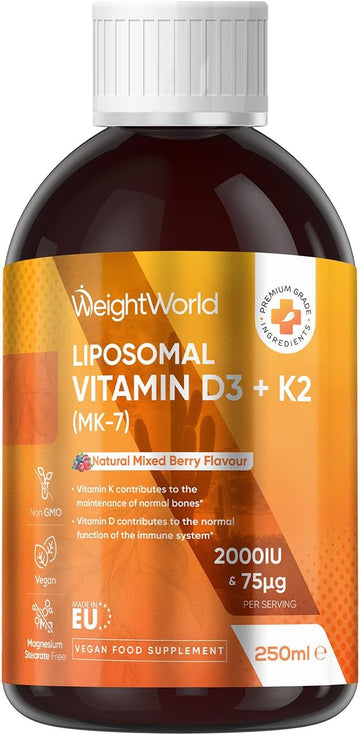 Liposomal Vitamin D3 K2 Liquid For Adults | Vegan Vitamin D3 2000Iu & Vitamin K2 (Mk-7) 75Mcg | Natural Mixed Berry Flavour | 50 Servings | Non-Gmo