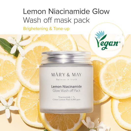 Mary&May Lemon Niacinamide Glow Wash Off Pack ,    125G, Lemon Peel Powder, Peach Extract, Vitanmin C, Niacinamide, Glow Wash Off, 100% Vegan, Wash Off Mask