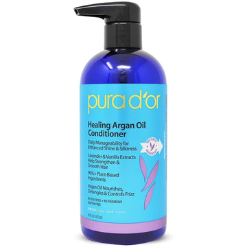 Pura D'Or 16 Oz Healing Argan Oil Conditioner For Dry, Damaged, Frizzy Hair, W/Aloe Vera, Lavender, Vanilla, Coconut, Retinol & Vitamin E, No Sulfates, All Hair Types, Men Women