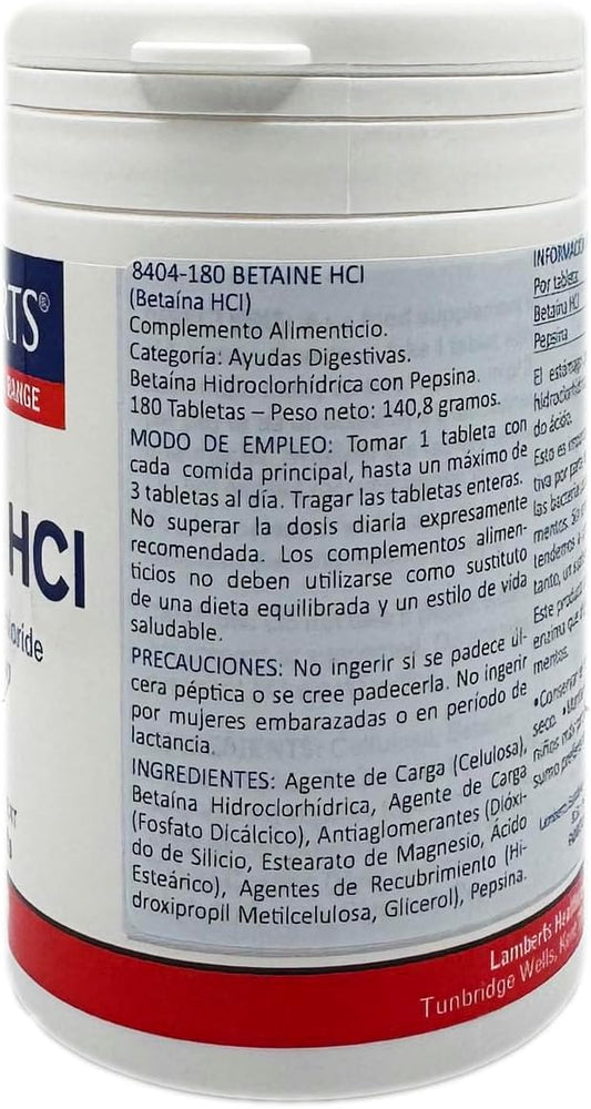 Lamberts Betaine Hcl 324Mg With Pepsin 5Mg - 180 Tablets - Digestive Support Supplement