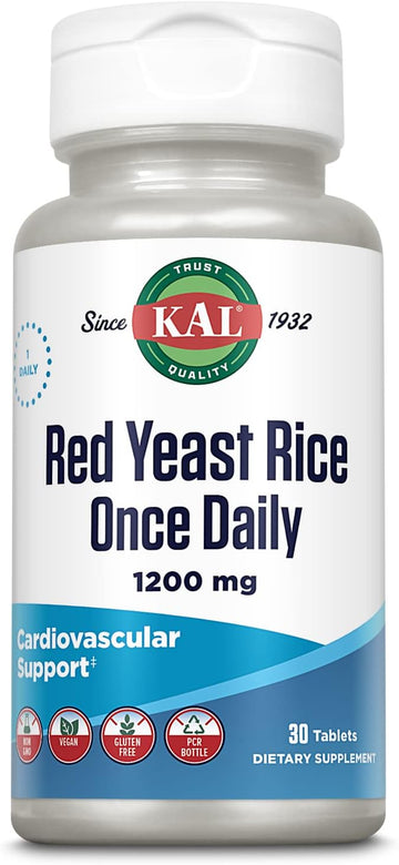 KAL Red Yeast Rice Once Daily 1200mg, Cardiovascular Support* Supplement with Naturally Occurring Unsaturated Fatty Acids, Amino Acids & Phytonutrients, Vegan, Gluten Free, 30 Servings, 30 Tablets