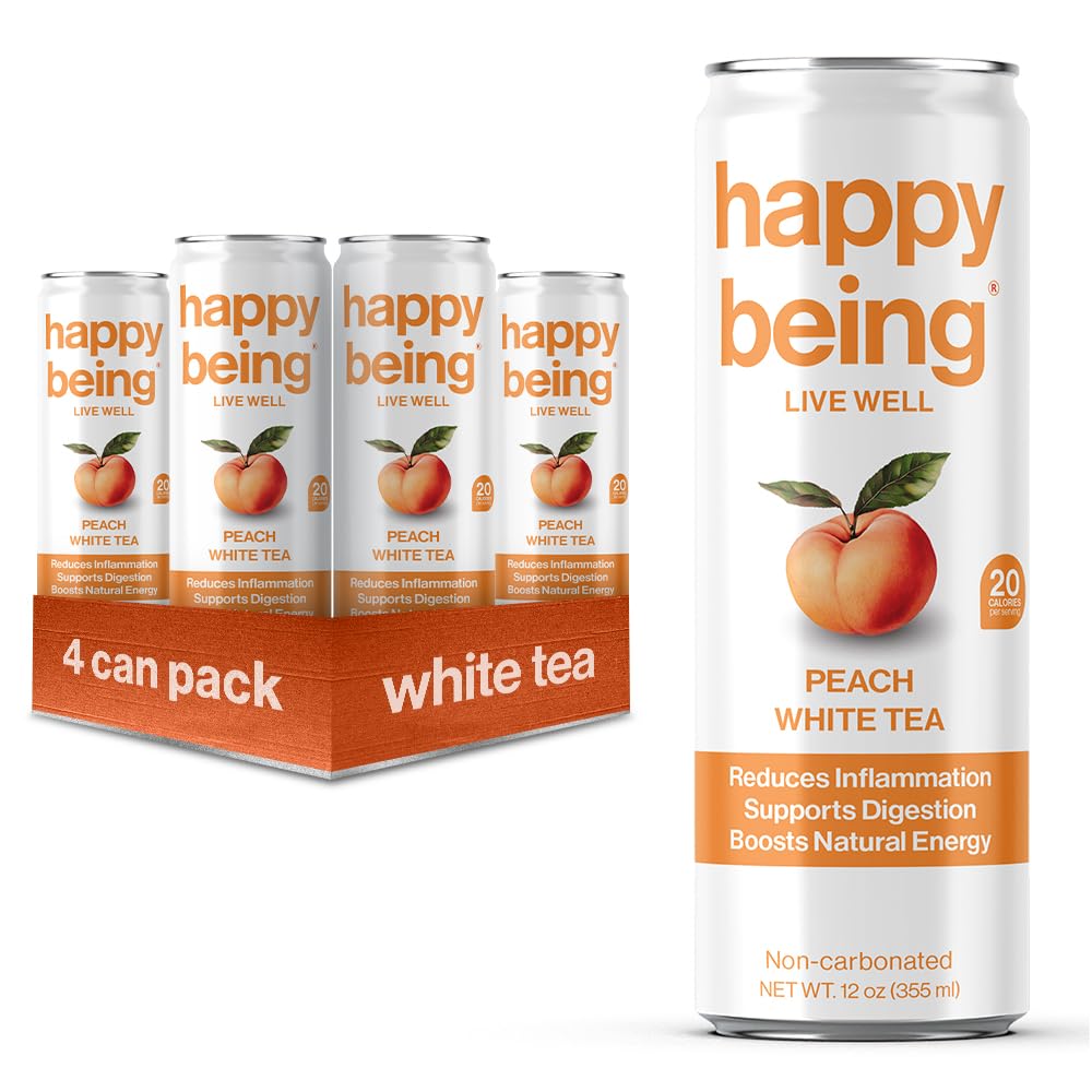 Happy Being Nutrient-Rich Organic Peach Rose White Tea – Infused With Turmeric, Elderberry, Vitamin D3, Caffeine Free, Plant-Based, Low Calorie & Low Sugar Drinks, 12Oz (4 Pack)