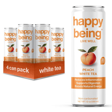Happy Being Nutrient-Rich Organic Peach Rose White Tea – Infused With Turmeric, Elderberry, Vitamin D3, Caffeine Free, Plant-Based, Low Calorie & Low Sugar Drinks, 12Oz (4 Pack)