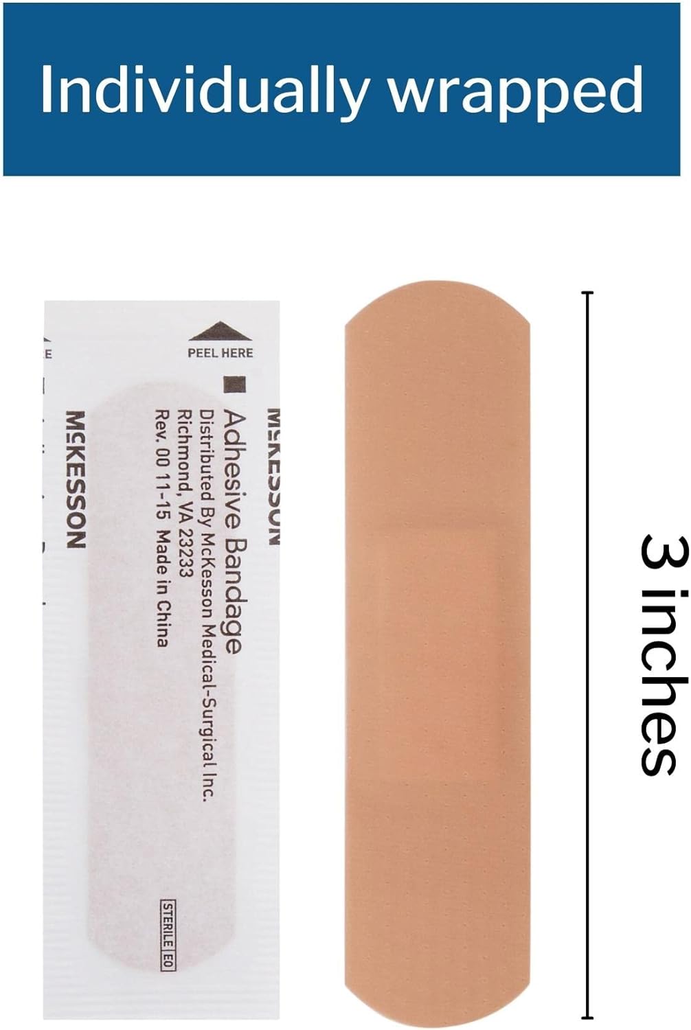 McKesson Adhesive Bandages, Sterile Plastic Strip Rectangle, Tan, 3/4 in x 3 in, 100 Count, 1 Pack