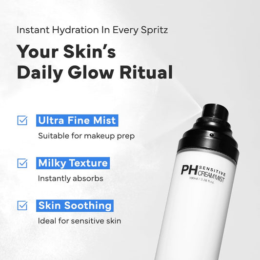 Sam'U Ph Sensitive Cream Mist, Ceramide Face Mist, Hypoallergenic Facial Spray With Hyaluronic Acid & Centella, Hydrating & Quick Absorbing, Korean Skin Care For Dry & Sensitive Skin, 3.38 Fl. Oz