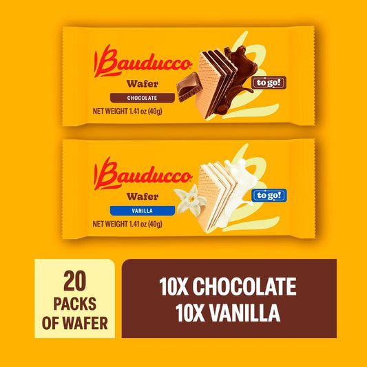 Bauducco Chocolate & Vanilla Wafer Cookies - Convenient Single Serve Wafer Cookies With 3 Layers Of Cream - Delicious Sweet Snack On The Go Or Dessert 28.2Oz (Pack Of 20)