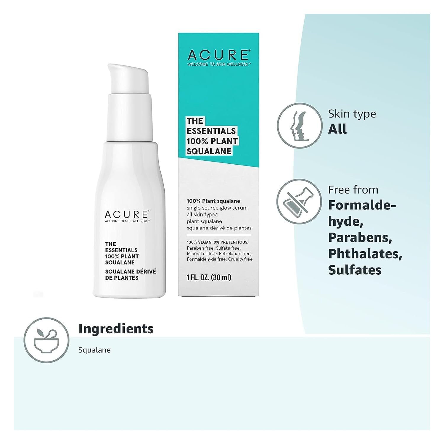 Acure The Essentials 100% Plant Squalane Oil - Hydrating, Moisturizer Ultra-Light Glow Liquid Serum for Skin & Hair - 100% Vegan - Lightweight & Unscented - Multi-Purpose Care Regimen Oil - 1 Fl Oz : Beauty & Personal Care