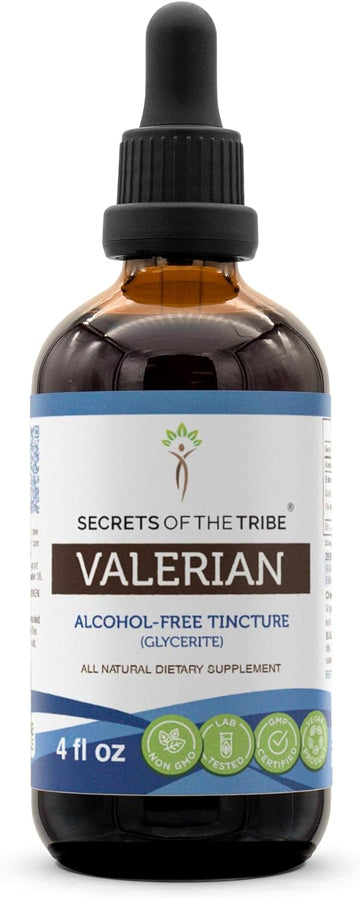 Secrets of the Tribe Valerian Alcohol-Free Liquid Extract, Valerian (Valeriana Officinalis) Dried Root Tincture Supplement (4 FL OZ)