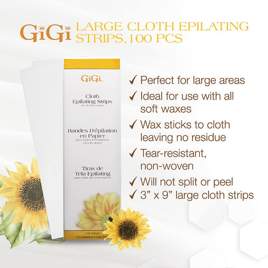 Gigi Large Cloth Epilating Strips For Arms, Legs, Chest, And Back Hair Waxing/Hair Removal, 100 Pieces