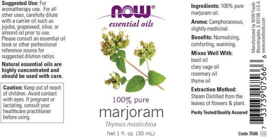 Now Essential Oils, Marjoram Oil, Normalizing Aromatherapy Scent, Cold Pressed, 100% Pure, Vegan, Child Resistant Cap, 1-Ounce