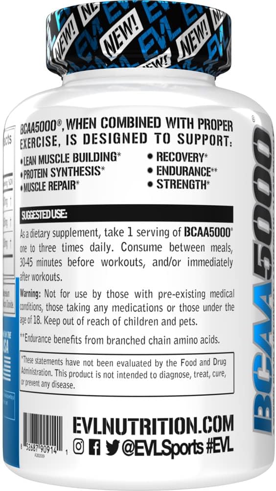 BCAAs Amino Acids Supplement for Men - EVL 2:1:1 5g BCAA Capsules for Post Workout Recovery and Lean Muscle Builder for Men - BCAA5000 Branched Chain Amino Acids Nutritional Supplement - 30 Servings : Health & Household