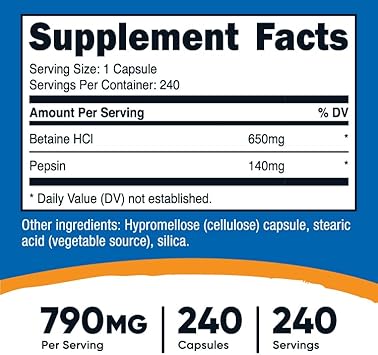 Nutricost Betaine HCl + Pepsin 790mg, 240 Capsules - Gluten Free & Non-GMO