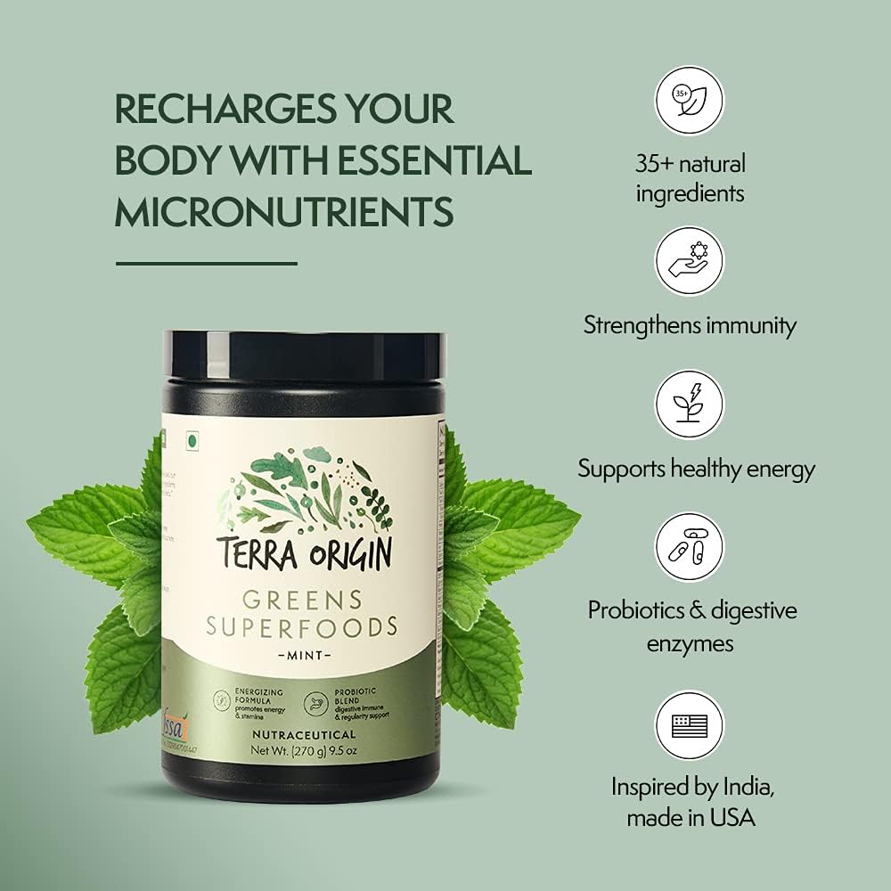TERRA ORIGIN Greens Powder for Immune Defense and Digestive Support | with Spirulina, Probiotics, Organic Vegetables, Digestive Enzymes | Non-GMO | 30 Servings | Mint Flavor : Health & Household