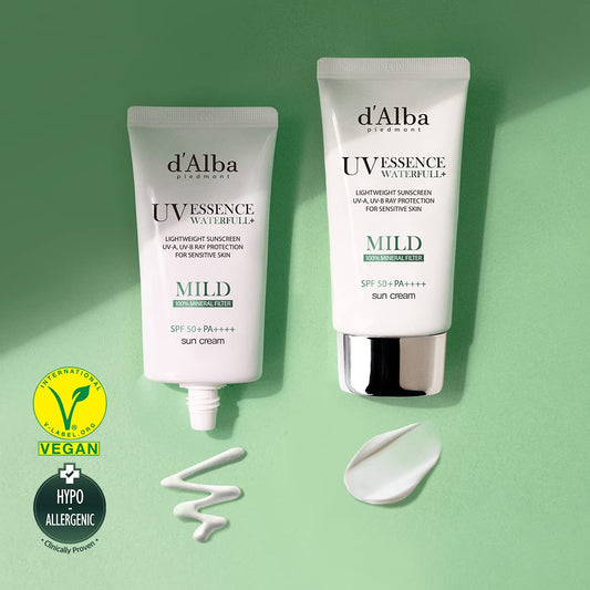 d'Alba Italian White Truffle Waterfull Mild Sunscreen, Vegan Skincare, Mineral Sunscreen with SPF 50+ PA++++, Non-Nano Sunscreen Suitable for Sensitive Skin, Gentle and Light Finish