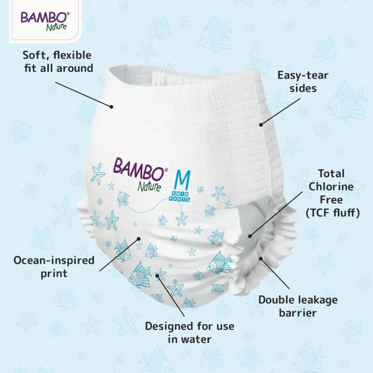 Bambo Nature Hypoallergenic Swim Pants, Eco-Labeled Swim Diapers, Double Leak Barriers - Medium (12 Count)