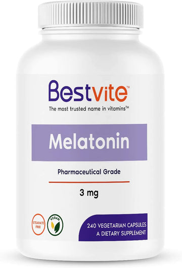 BESTVITE Melatonin 3mg (240 Vegetarian Capsules) - No Crospovidone - No Dextrose - No Dicalcium Phosphate - No Stearates - Vegan - Non GMO - Gluten Free - Easy to Swallow Capsule