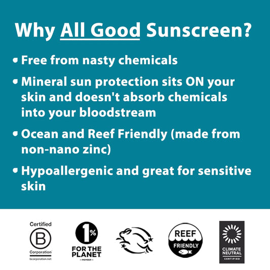 All Good Sunscreen - Baby & Kids Sunscreen Stick - Broad Spectrum Sunscreen Spf 50 For Face, Nose, Ears, Coral Reef Friendly, Water Resistant, Zinc Oxide, Coconut Oil, Beeswax, Vitamin E (2.75 Oz)