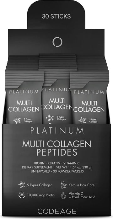 Codeage Multi Collagen And Biotin 10,000 Mcg + Vitamin C, B6 & D3, Keratin, Hyaluronic Acid, Niacin, 18 Amino Acids - Stick Packs Supplement - 5 Types Collagen Protein – 30 Powder Packets