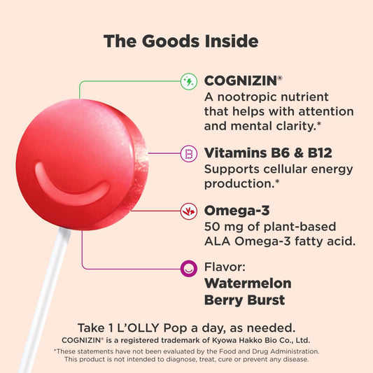 Olly Focus Buddies L’Olly Pops, Omega-3 Ala, B6, B12, Cognizin®, Kids Supplement Lollipops To Supports Focused Attention & Healthy Brain Function, Vegetarian, Watermelon Strawberry, 25 Count