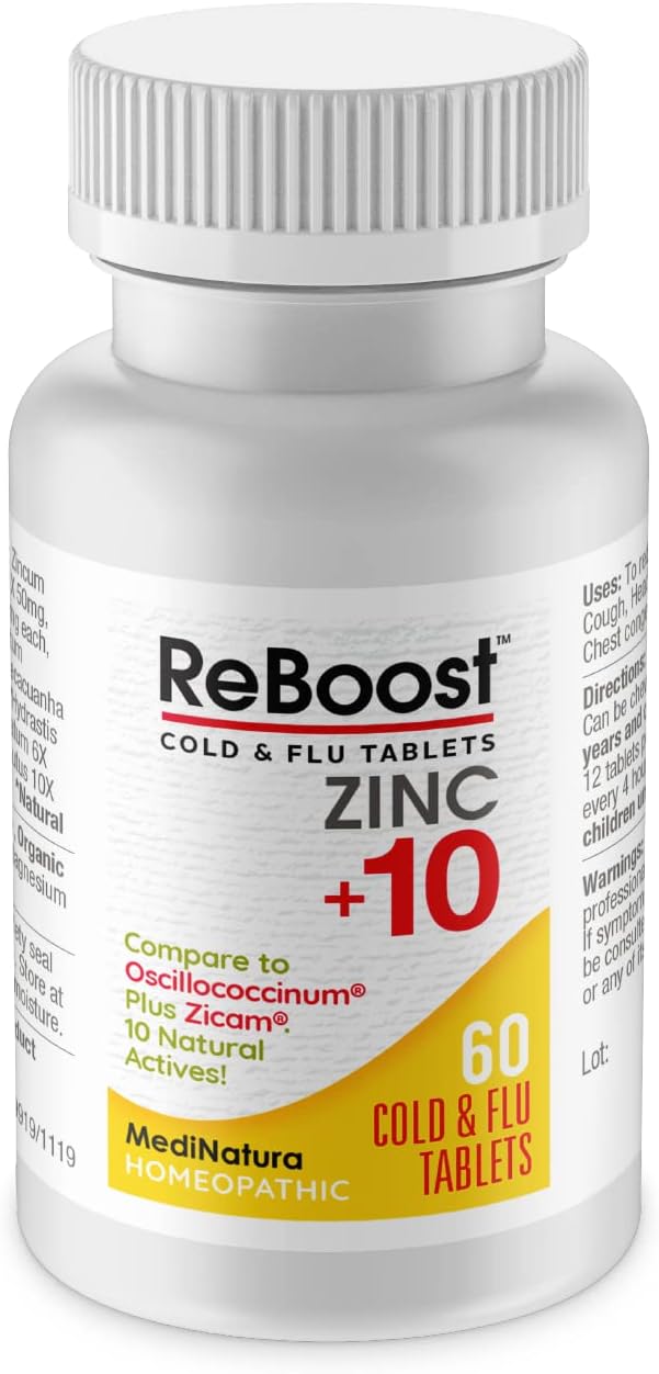 MediNatura ReBoost Zinc +10 MAX Cold & Flu Symptom Relief Fast-Acting, Non-Drowsy Natural Soothing Homeopathic Helps Relieve Whole Body Discomfort, Cough, Fatigue, Congestion - Lemon - 60 Tablets