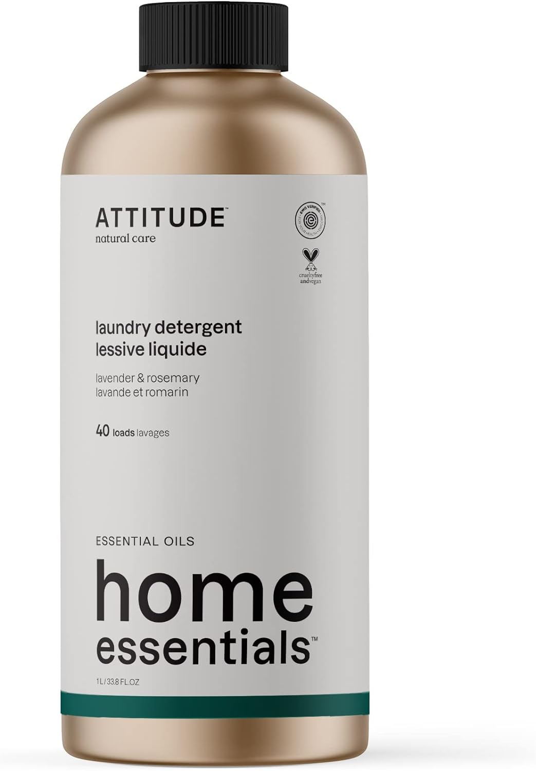 ATTITUDE Laundry Detergent with Essential Oils, EWG Verified, Vegan, Plant and Mineral-Based Ingredients, HE, Refillable Aluminum Bottle, 40 Loads, Lavender and Rosemary, 33.8 Fl Oz