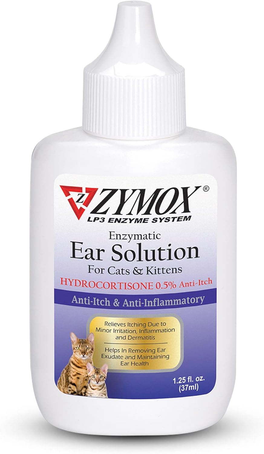 Zymox Enzymatic Ear Solution With 0.5% Hydrocortisone For Cats & Kittens, 1.25 Oz. – Cleans & Refreshes Ear Canal For Relief From Ear Wax, Dirt Buildup, Itchiness, Irritation, Inflammation & Redness