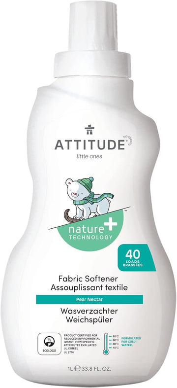 ATTITUDE Baby Fabric Softener, Plant and Mineral-Based Ingredients, HE Compatible, Vegan and Cruelty-free Laundry and Household Products, Pear Nectar, 40 Loads, 33.8 Fl Oz