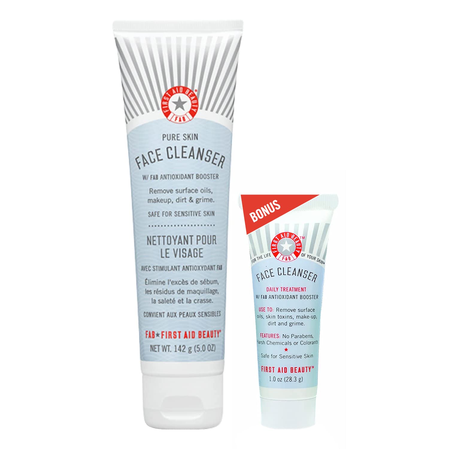 First Aid Beauty Pure Skin Face Cleanser Bundle – Sensitive Skin Gentle Cleanser – Classic 5 Oz Tube + Bonus 1 Oz Travel Size