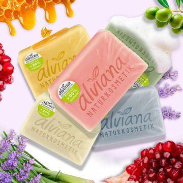 Alviana Plant Oil Soap Collection - Set of 5 Natural Soaps: Pomegranate, Lemongrass, Olive, Lavender, Milk & Honey - Organic, Gentle, European Quality