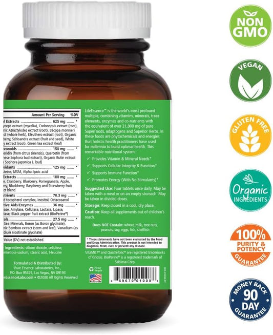 Pure Essence Labs Lifeessence Multivitamin For Women And Men - Natural Herbal Supplement - Vitamin D, Vitamin D3, Vitamin B12, Biotin With Whole Foods (240 Tablets)
