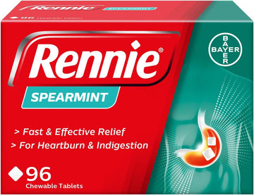 Rennie Spearmint Flavour Antacid, Heartburn And Indigestion Chewable Tablets, 1 Pack Of 96 Tablets - Gets To Work In 60 Seconds For Fast And Effective Heartburn Relief