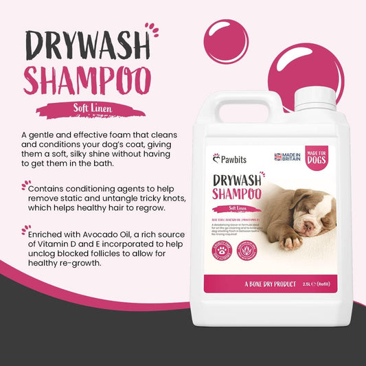 Pawbits Drywash Shampoo for Dogs - Puppy Friendly 3-in-1 Dry Shampoo to Clean, Condition & Detangle – No Water Required (Soft Linen - 2.5L)??PB-DRYWASH