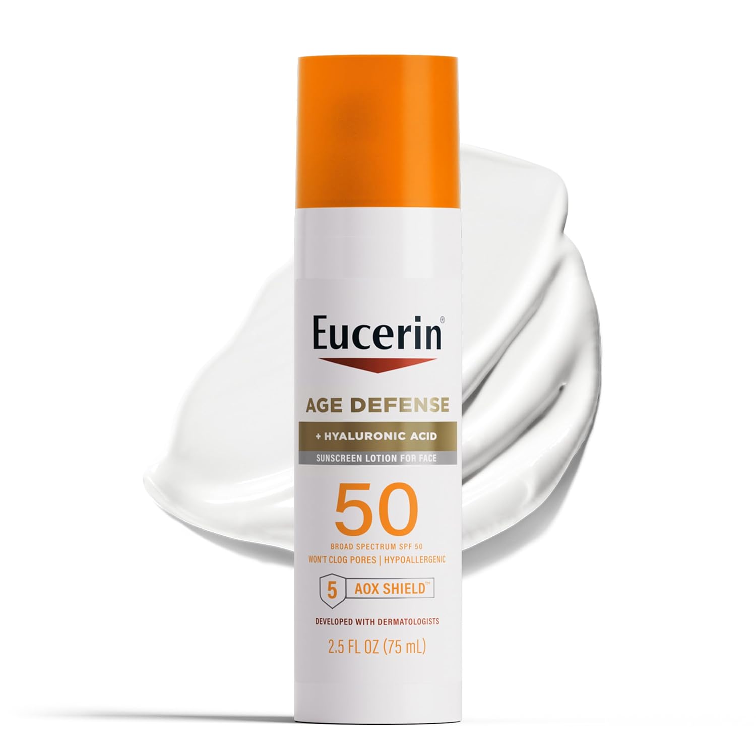 Eucerin Sun Age Defense Spf 50 Face Sunscreen Lotion, Hypoallergenic, Fragrance Free Sunscreen Spf 50 With Hyaluronic Acid, 2.5 Fl Oz Bottle