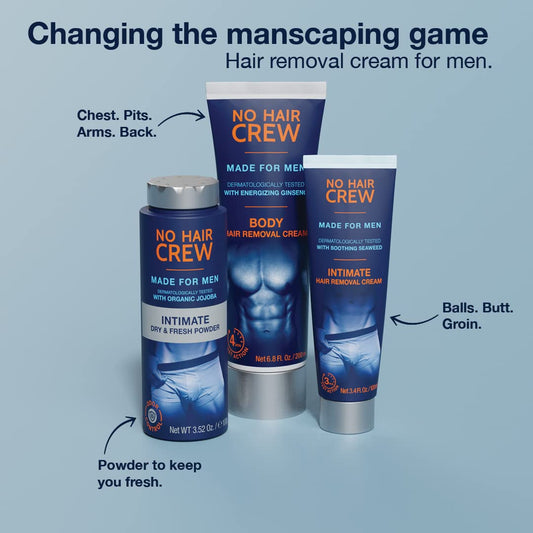 No Hair Crew | The Mega Bundle | Intimate And Body Hair Removal Creams With Intimate Dry & Fresh Powder | Made For Men