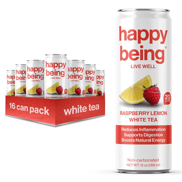 Happy Being Nutrient-Rich Organic Raspberry Lemonade White Tea – Infused With Turmeric, Elderberry, Vitamin D3, Caffeine Free, Plant-Based, Low Calorie & Low Sugar Drinks, 12Oz (16 Pack)