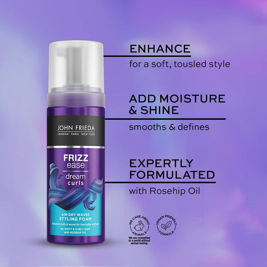 John Frieda Frizz Ease Dream Curls Air Dry Waves Styling Foam 150Ml, Wave And Curl Enhancer, Lightweight Anti-Frizz Styling Foam