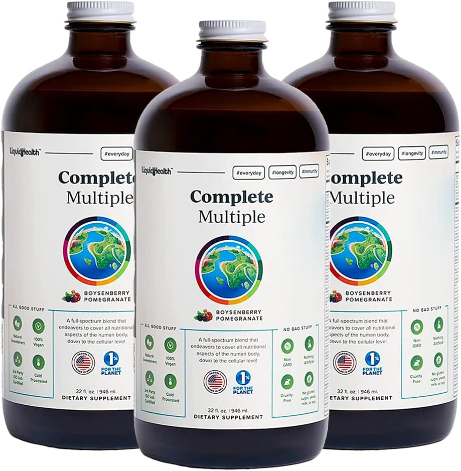 Liquidhealth 32 Oz Liquid Multivitamin For Adult Men & Women - Complete Multiple, Natural Immune Support, Non-Gmo, Vegan, Gluten Free, Sugar Free, Prebiotic Fiber Vitamins Supplement (3-Pack)