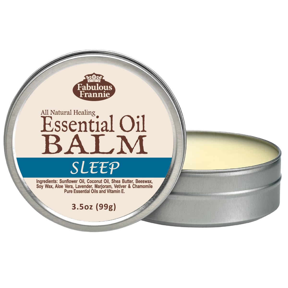 Fabulous Frannie Sleep All Natural Essential Oil Healing Balm Made With Sunflower Oil, Coconut Oil, Shea Butter, Beeswax, Soy Wax, Aloe Vera And Pure Essential Oils 3.5Oz Tin