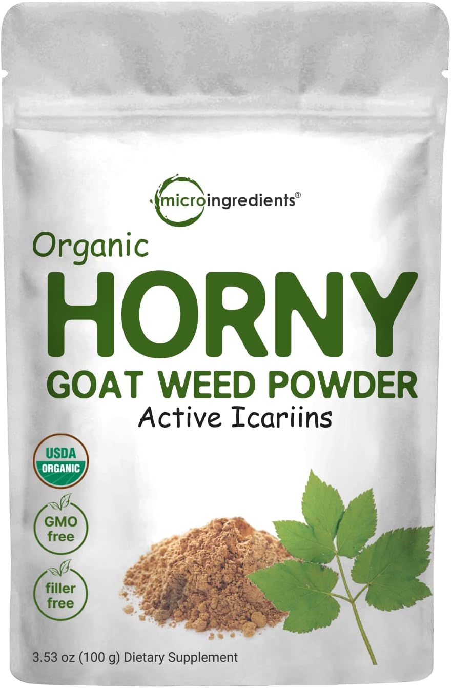 Maximum Strength Organic Pure Horny Goat Weed with Active Icariins for Men and Women, 100 Grams, Organic Epimedium Powder for Energy and Immune System Booster, Filler Free and Vegan Friendly
