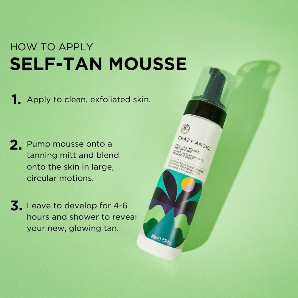 Crazy Angel Vegan Self-Tan Mousse (Medium/Dark Tan). Made in UK. 245ml. : Amazon.co.uk: Beauty