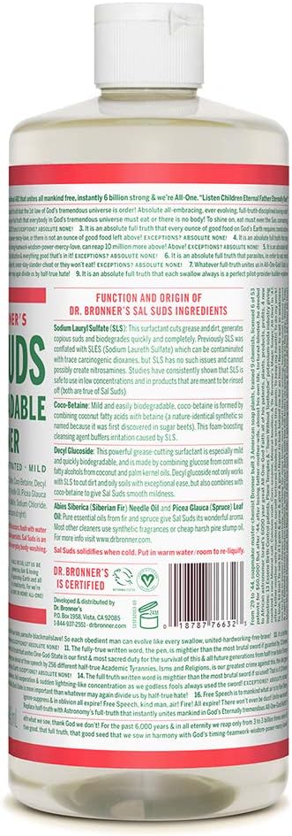 Dr. Bronner's - Sal Suds Biodegradable Cleaner (32 Ounce, 2-Pack) - All-Purpose Cleaner, Pine Cleaner for Floors, Laundry and Dishes, Concentrated, Cuts Grease and Dirt, Powerful Cleaner, Gentle